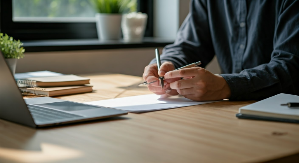 Person planning 2025 calendar at desk